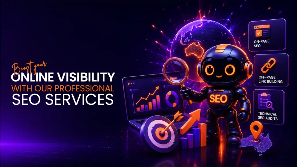 Professional SEO services illustration showing online visibility, search engine optimization, digital marketing, website ranking, and business growth.