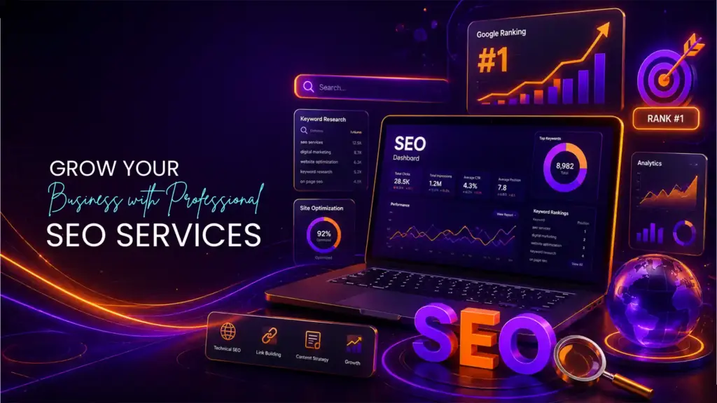 Professional SEO Services promotional banner showing an SEO dashboard, keyword research panel, Google ranking chart, analytics, laptop, magnifying glass, and 3D SEO elements with the headline "Grow Your Business with Professional SEO Services" on a modern purple and orange gradient background.