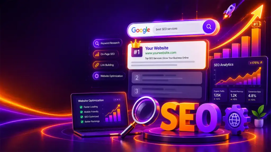 Search Engine Optimization (SEO) process showing keyword research, on-page SEO, link building, website optimization, Google rankings, and organic traffic growth.