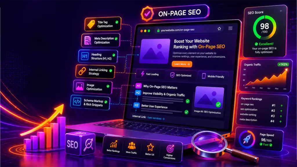 On-page SEO optimization services featuring title tag optimization, meta descriptions, heading structure, internal linking, image optimization, schema markup, and improved Google rankings.