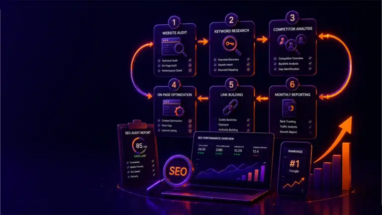 Professional SEO process illustration showing website audit, keyword research, competitor analysis, on-page optimization, link building, monthly reporting, and Google ranking improvement.