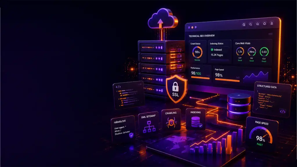Technical SEO and website performance optimization featuring crawlability, indexing, Core Web Vitals, page speed, XML sitemap, robots.txt, structured data, and SSL security.