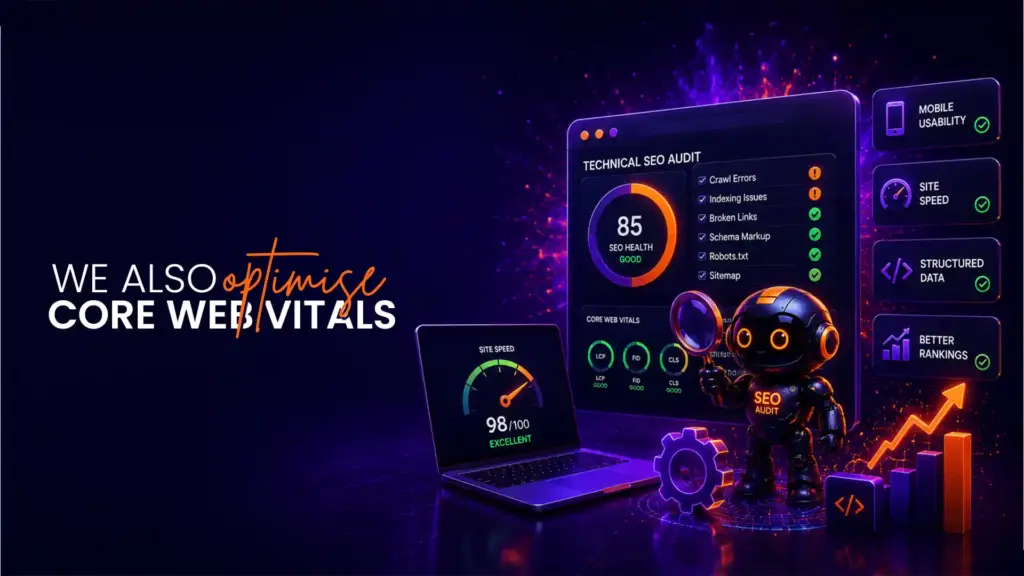 Core Web Vitals optimization and technical SEO audit showing page speed improvement, structured data, mobile usability, SEO health analysis, and website performance optimization.