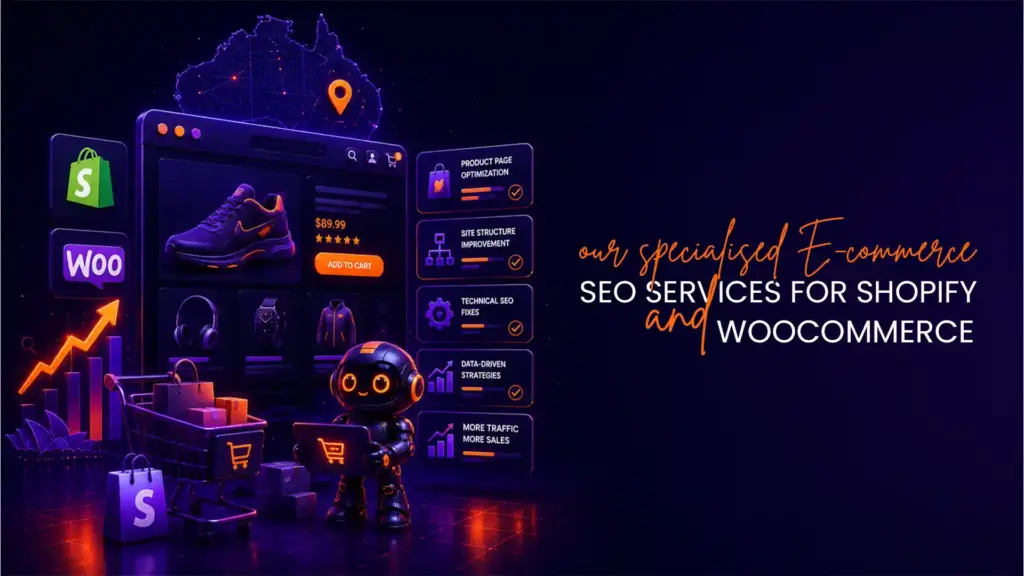 E-commerce SEO services for Shopify and WooCommerce featuring product page optimization, technical SEO, site structure improvement, and online store growth.
