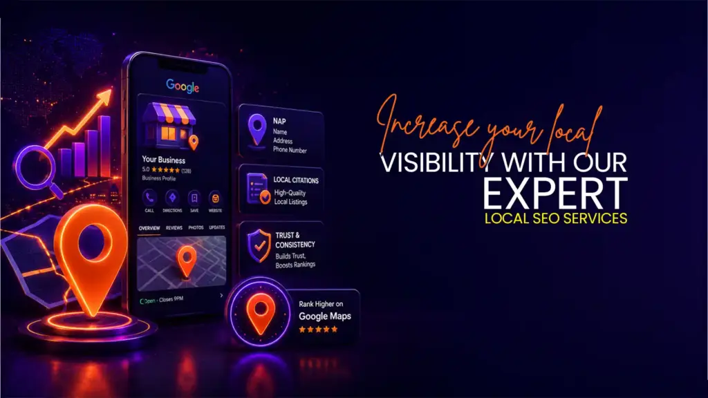 Expert Local SEO services banner featuring Google Business Profile optimization, Google Maps rankings, NAP consistency, local citations, and local search visibility.