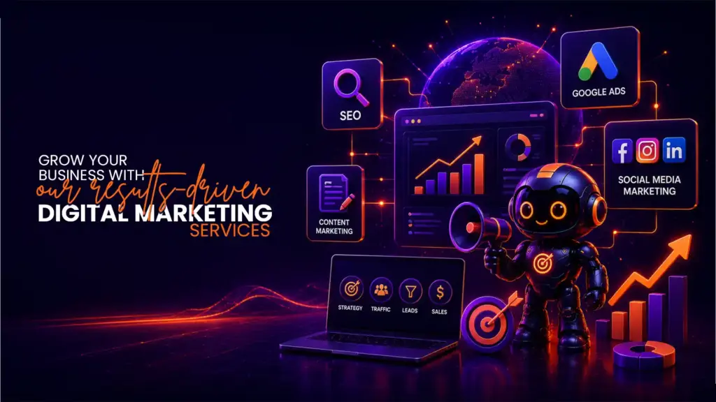 Results-driven digital marketing services featuring SEO, Google Ads, social media marketing, content marketing, analytics dashboard, and business growth strategy.