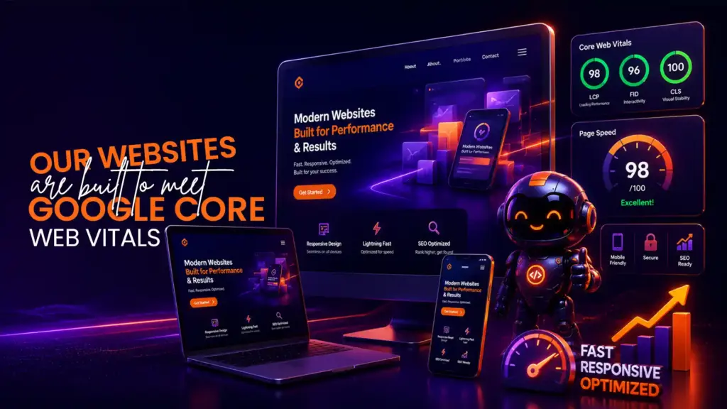 Modern SEO-friendly website development showcasing Google Core Web Vitals, responsive web design, page speed optimization, mobile-friendly performance, and fast loading websites.